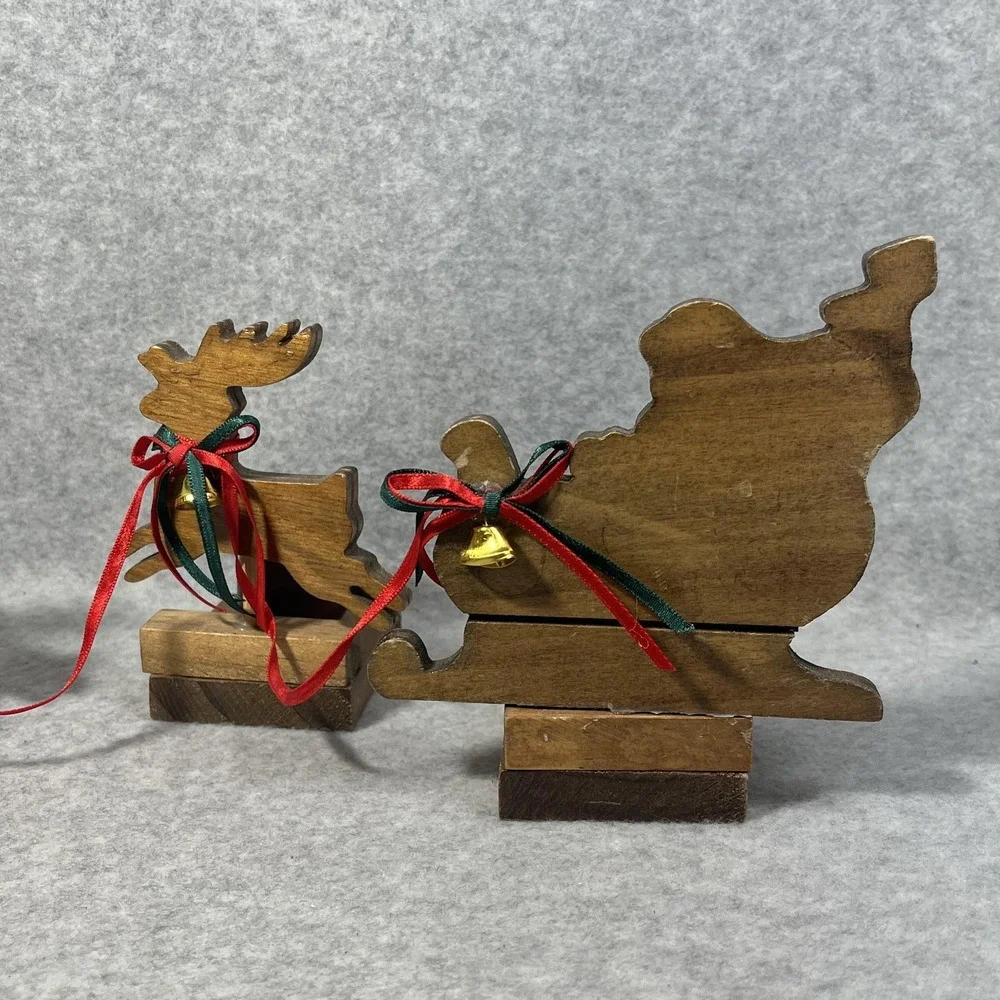 Vintage Christmas Around the World Wood Sleigh Reindeer Taper Candle Holders Set